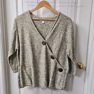 Coldwater Creek Green Marled Knit Wrap Cardigan with Wood Buttons 1X
